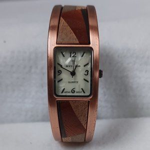 Vintage Ottimo copper Cuff Hinged Bracelet with Stacked Wood Trim Watch